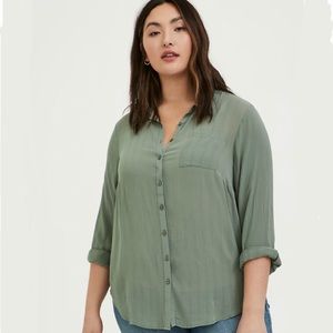 Torrid Light Olive Green Crinkled Gauze Button Down Top